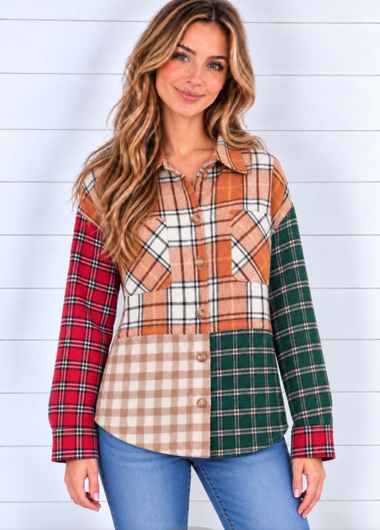 BONNIE LOOSE FIT PLAID FLANNEL JACKET W/POCKET