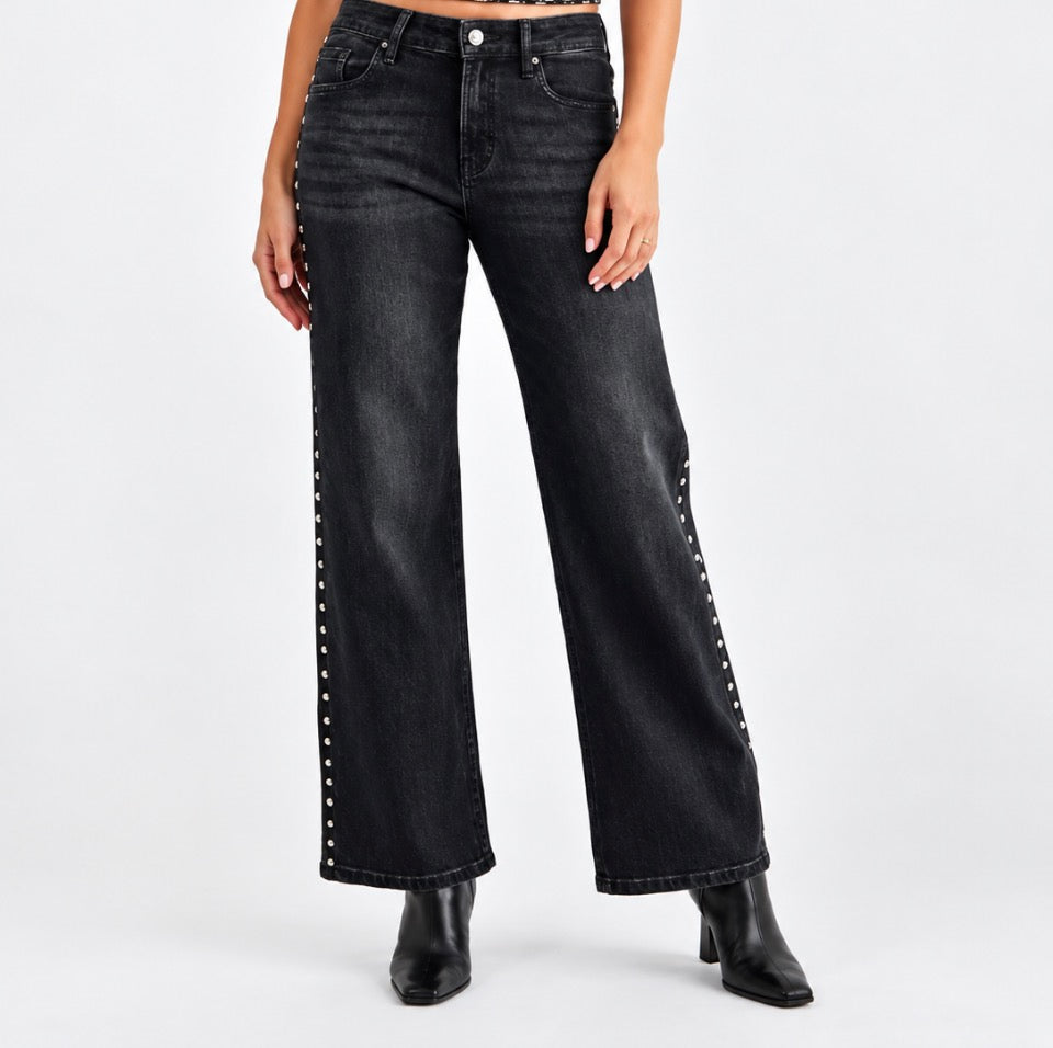MICA MID-RISE EMBELLISHED SIDE BLACK JEAN