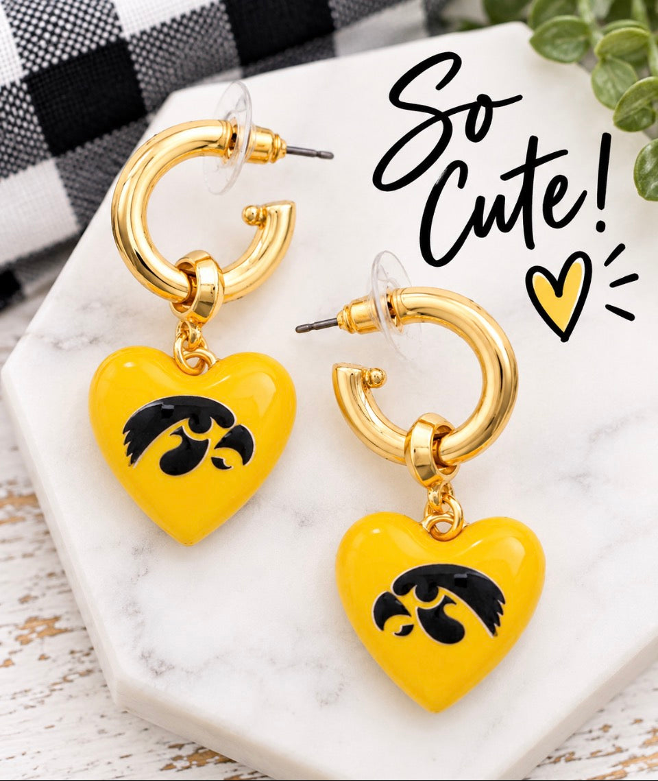 IOWA HAWKS HEART DROP EARRINGS