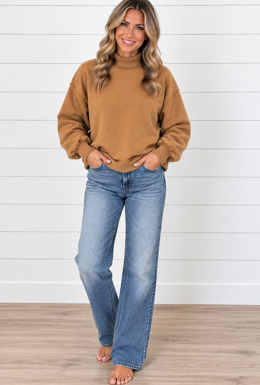HEATHER CAMEL MOCK NECK SWEATSHIRT