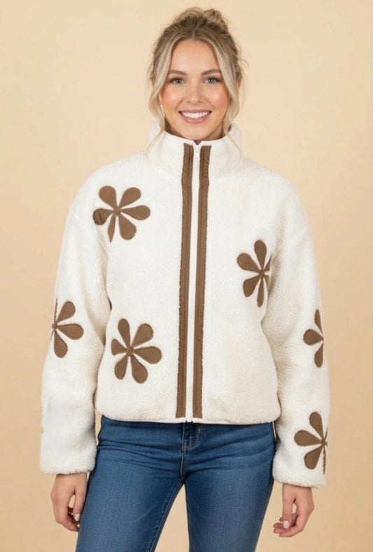 DAISY FLORAL PATCH FAUX SHEARLING ZIP UP SHERPA...