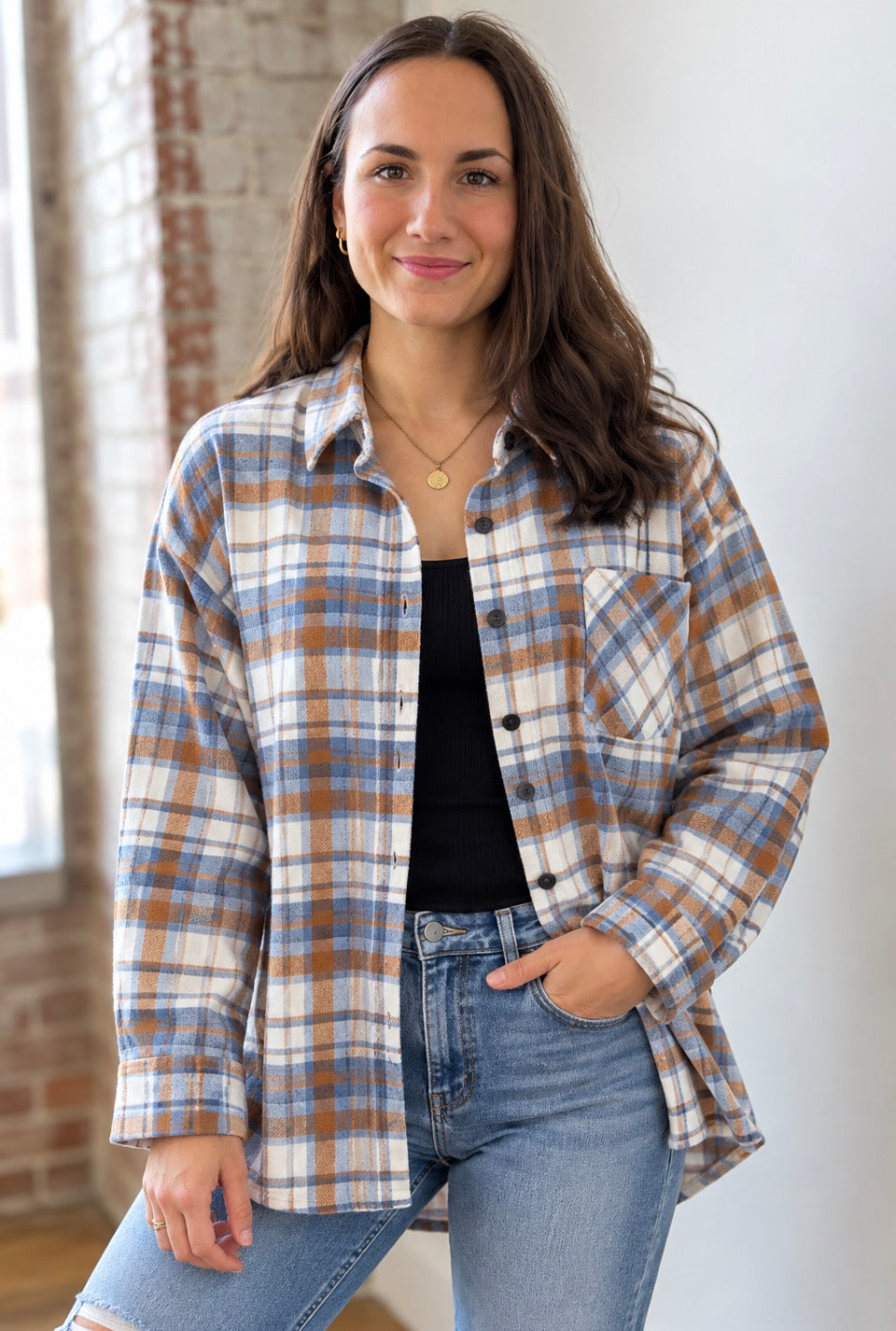 PLAID LONG SLEEVE SHACKET-TOP