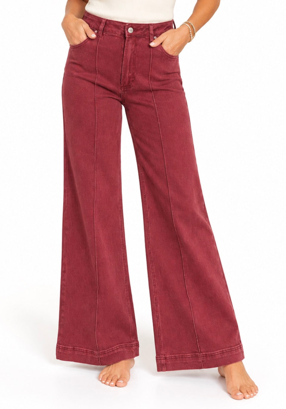 HIGH RISE WIDE LEG PINTUCK COLOR DENIM PANTS