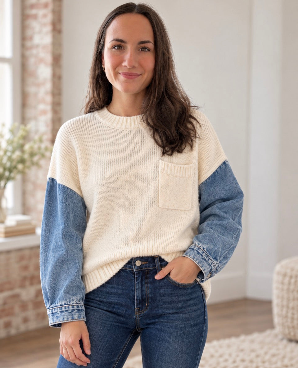 KNIT SWEATER WITH DENIM LONG SLEEVES