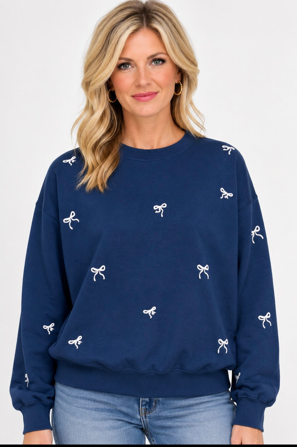 TERRY FLEECE CREW NECK SWEATSHIRT WITH BOW EMBROIDERY