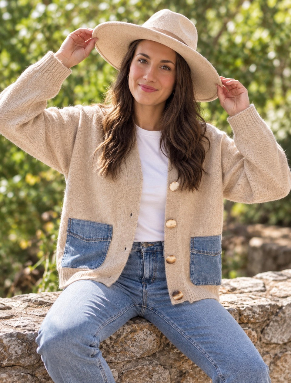 BUTTONS STRIPED DENIM
POCKETS CARDIGAN