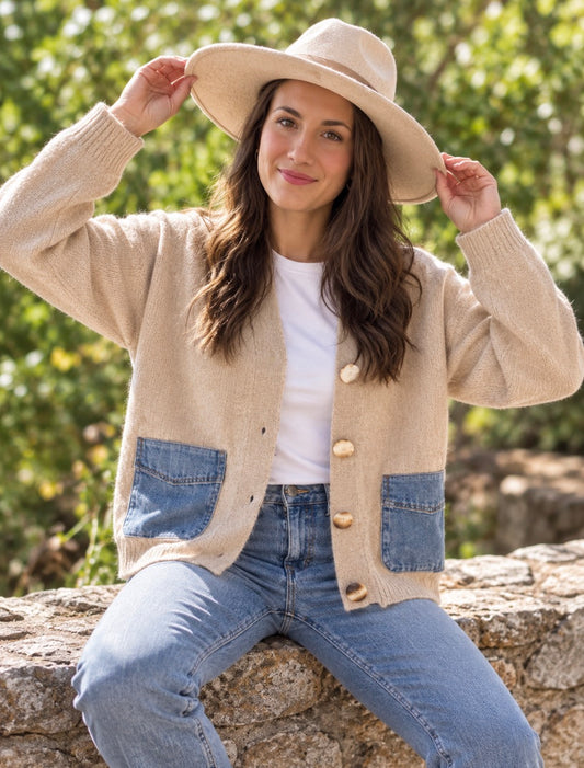 BUTTONS STRIPED DENIM
POCKETS CARDIGAN