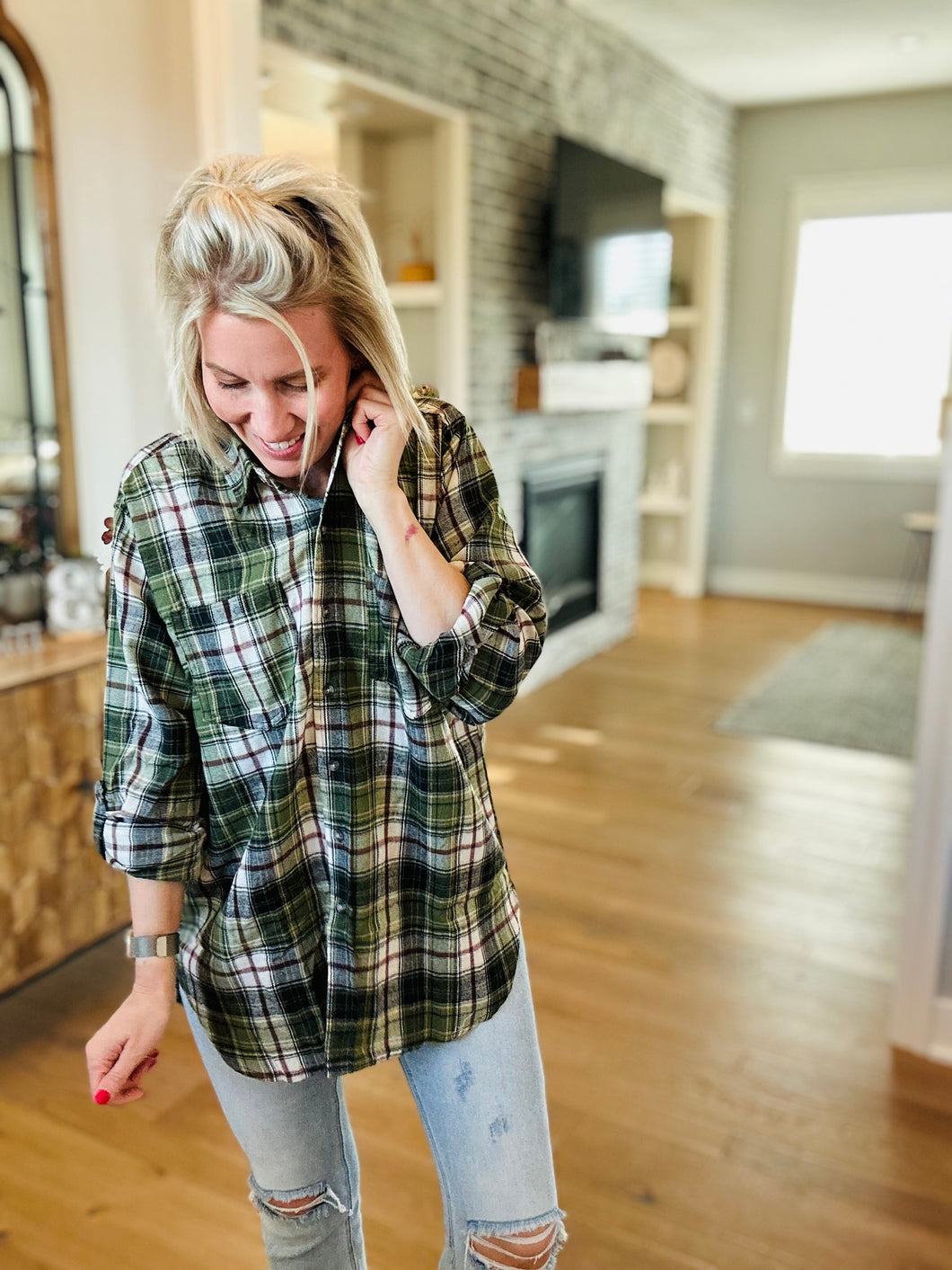 Oversized Olive & Wine Plaid Shirt
