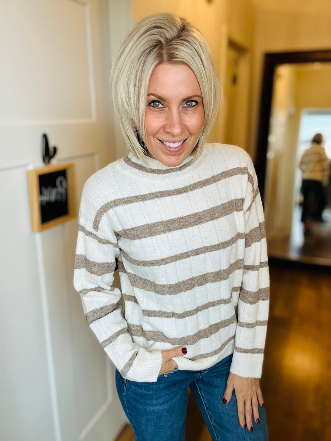 Mocha Stripe Mock Neck Sweater