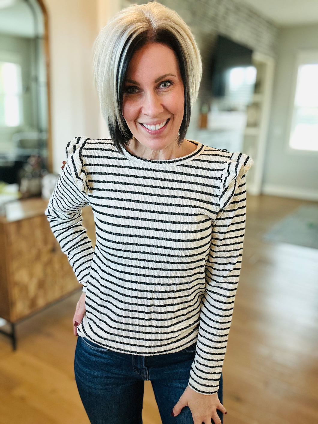 White Stripe Ruffle Top
