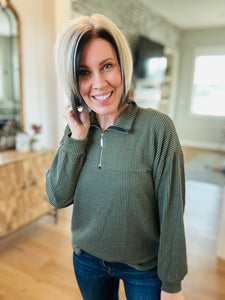 Olive Quarter Zip Ribbed Top