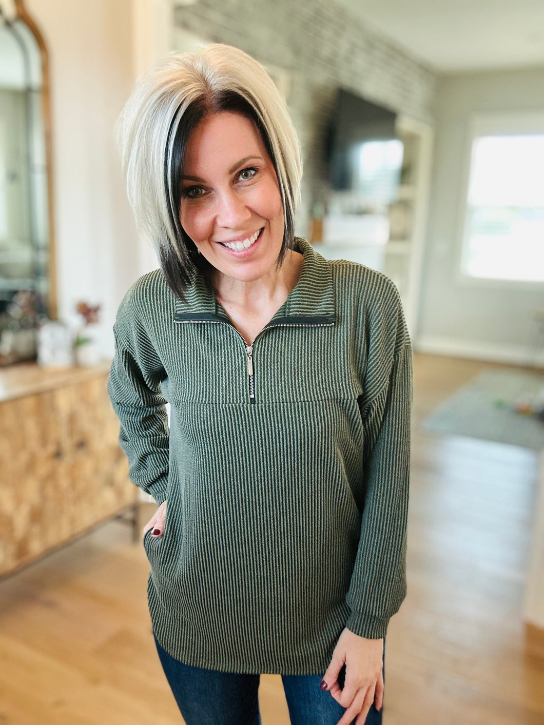 Olive Quarter Zip Ribbed Top