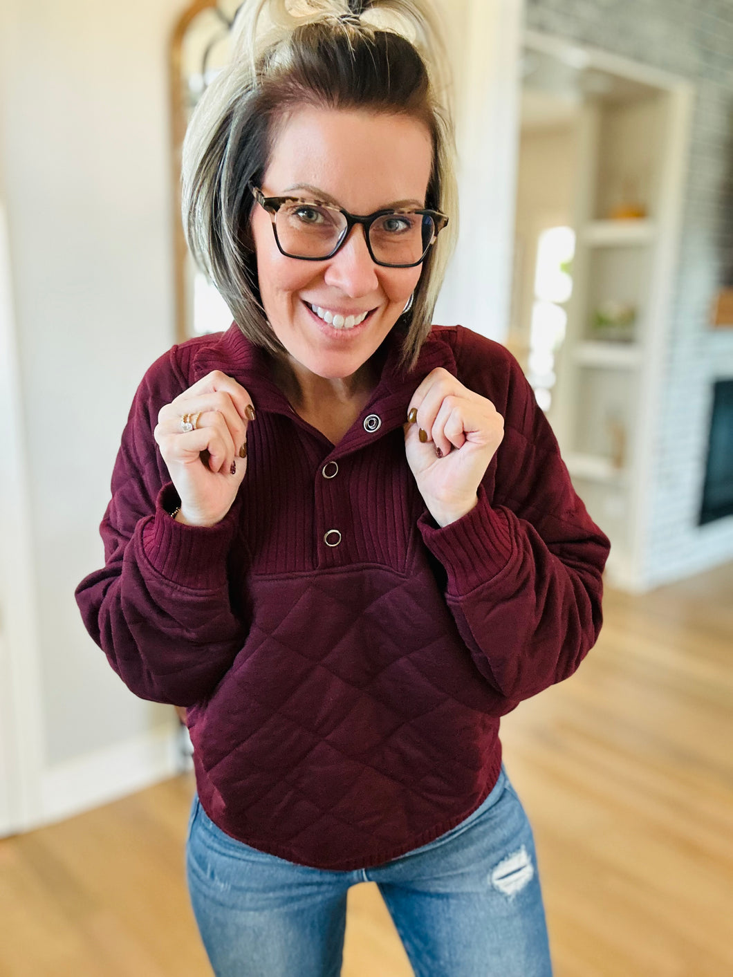 Dark Cherry Quilted Snap Pullover