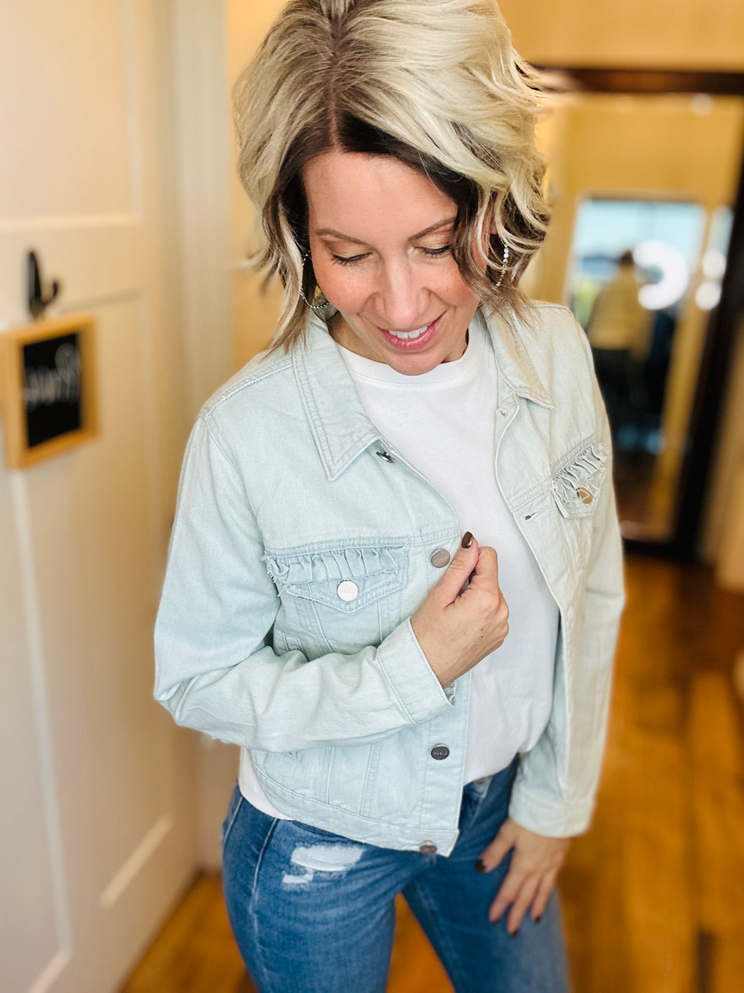 Risen Light Wash Ruffle Detail Denim Jacket