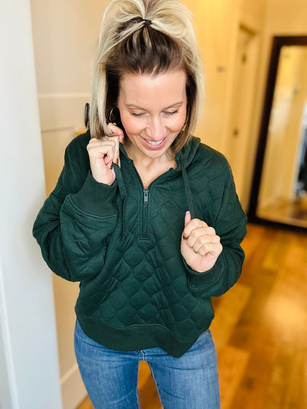 Deep Green Quilted Zip Hoodie Jacket