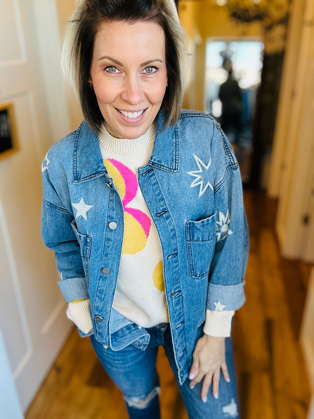 Risen Star Embroidered Oversized Denim Jacket