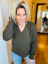 Load image into Gallery viewer, Deep Olive V-Neck Thread &amp; Supply Sweater
