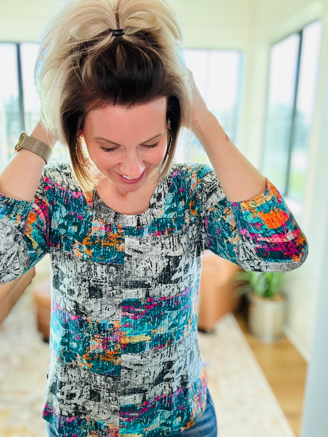 Teal Printed 3/4 Sleeve Parsley & Sage Top