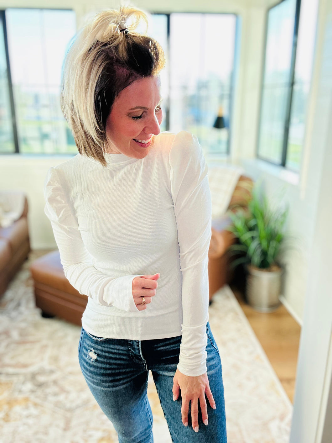 Ivory Puff Sleeve Mock Neck