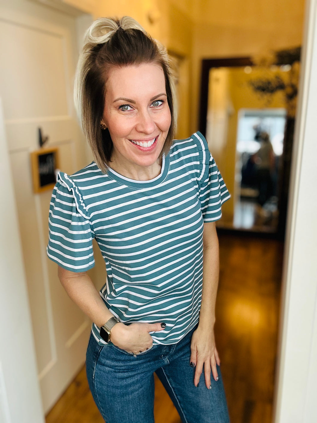 Stripe Ruffle Sleeve Tops 3 Colors