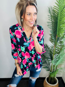 Navy Bright Floral 3/4 Sleeve Top