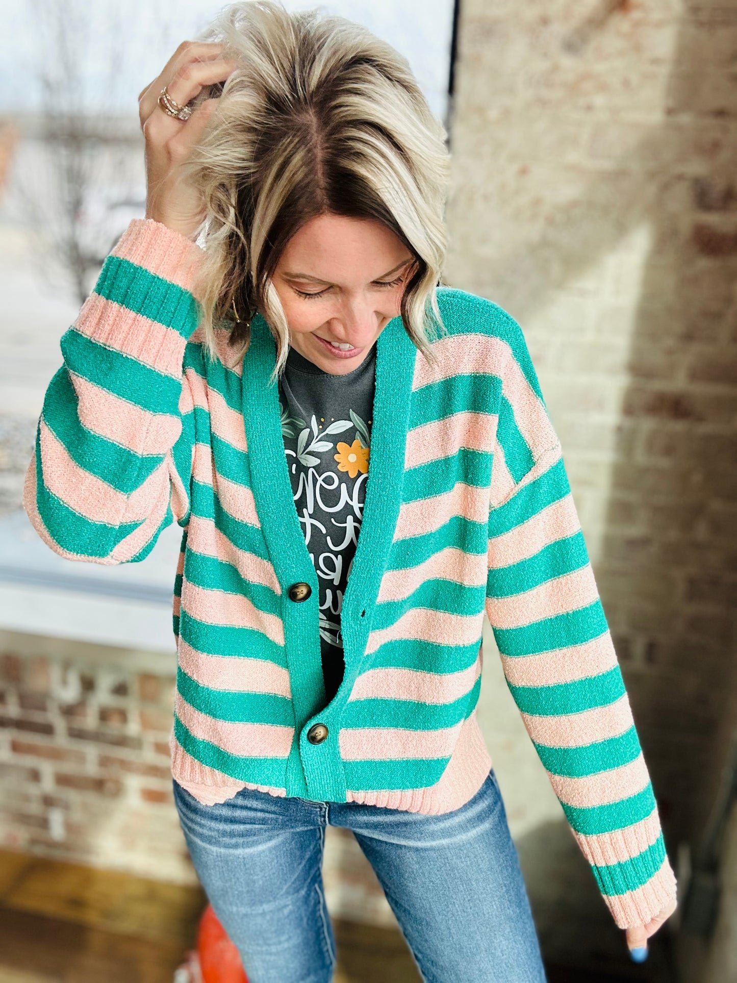 Peach & Green Stripe Cardigan