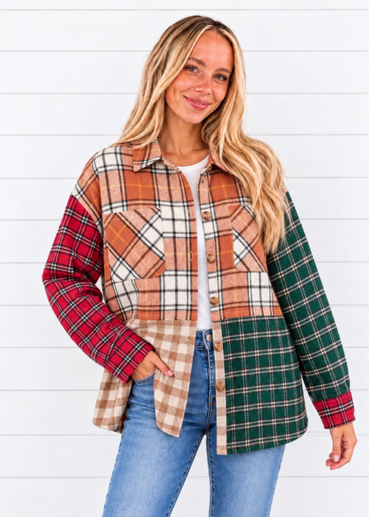 PATCHWORK PLAID FLANNEL BUTTON DOWN SHACKET