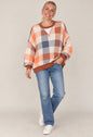 OATMEAL/BURNT ORANGE/DENIM CREW NECK COLOR BLOCK PULLOVER KNIT TOP