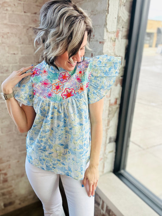 Floral Embroidery Flutter Sleeve