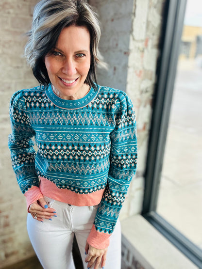 Teal Blue Print Sweater