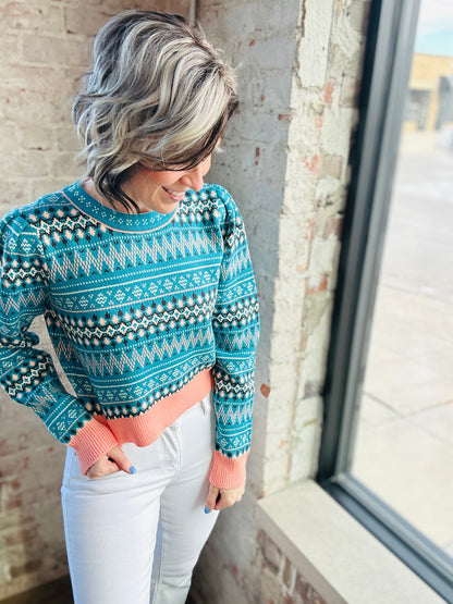 Teal Blue Print Sweater