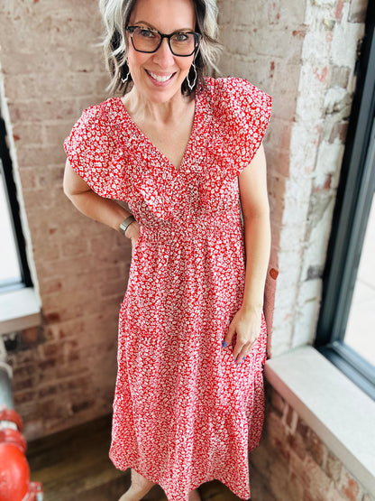 Red Floral Midi Dress