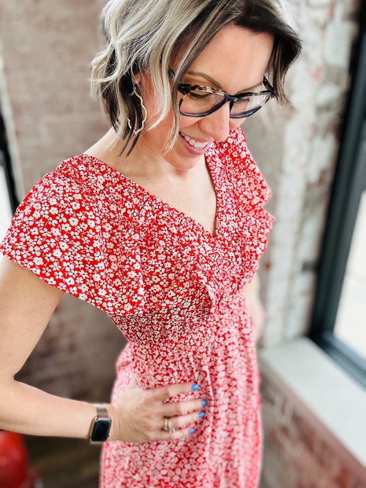 Red Floral Midi Dress
