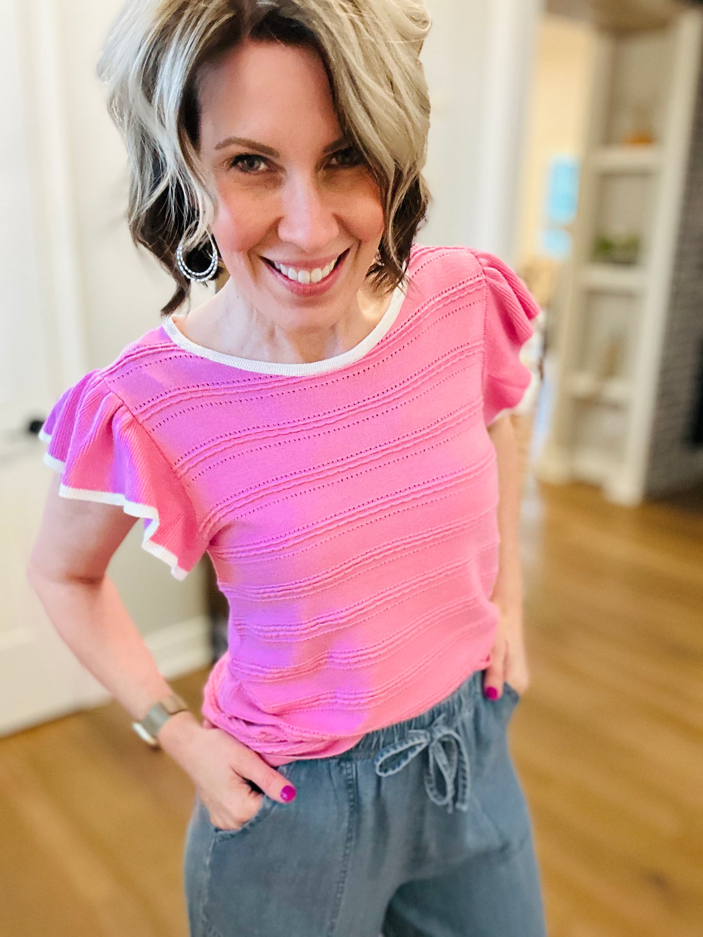 Pink Trimmed Ruffle Sweater Top