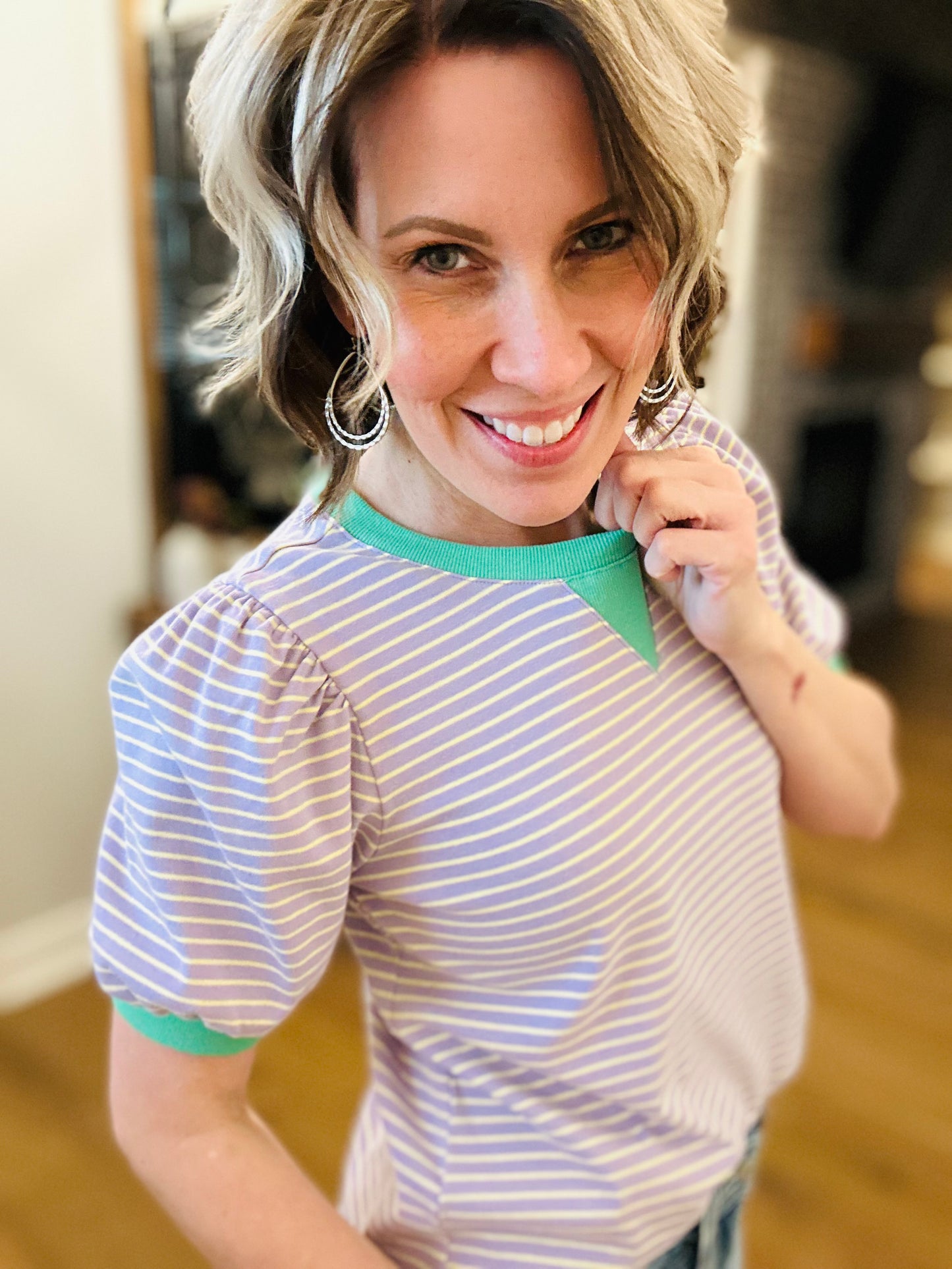 Lilac Puff Sleeve with Green Trim