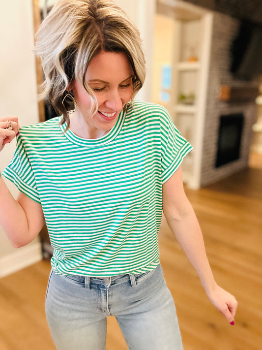 Green Stripe Crew Neck Tee