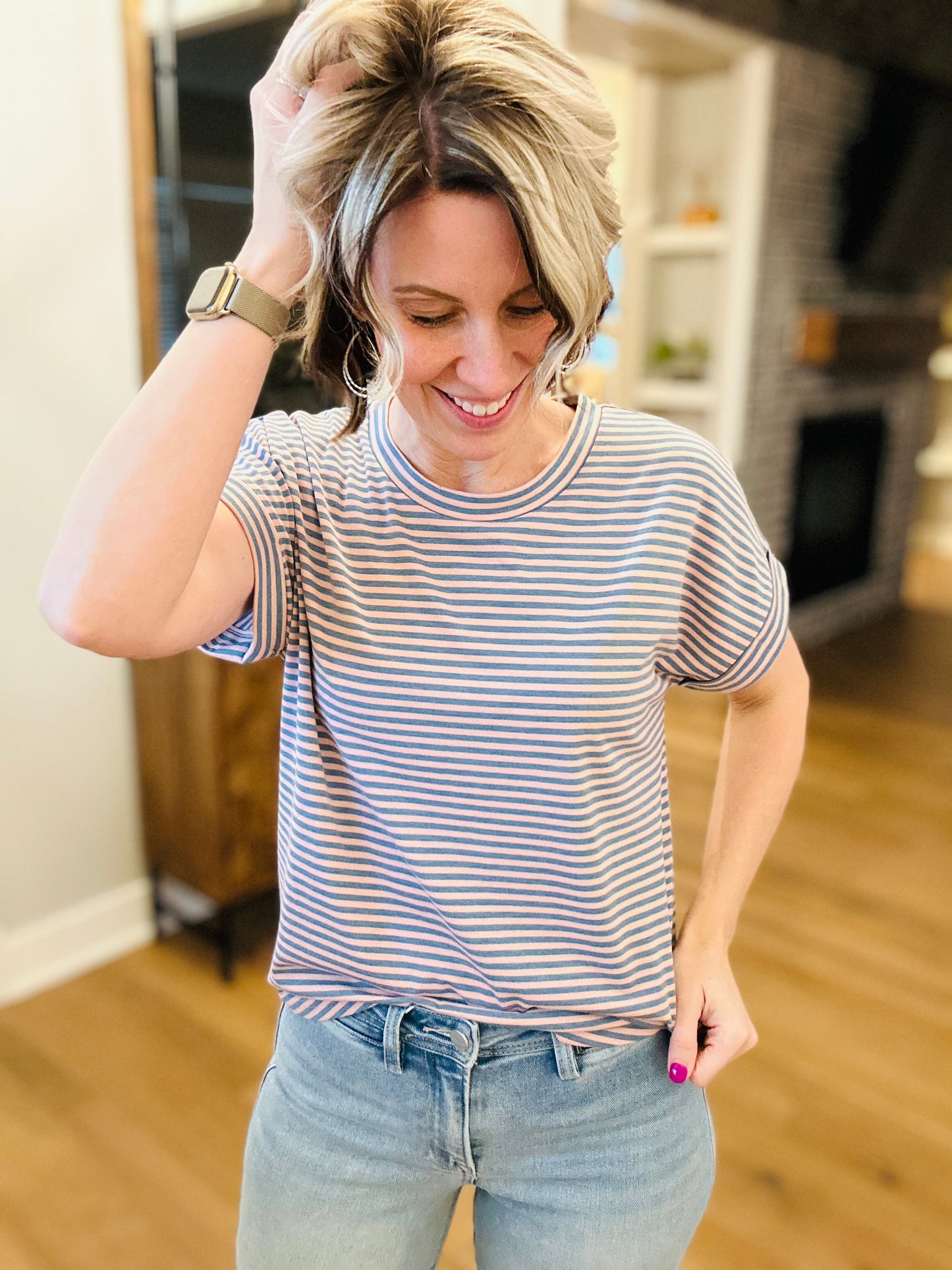 Pink & Navy Stripe Crew Neck Tee