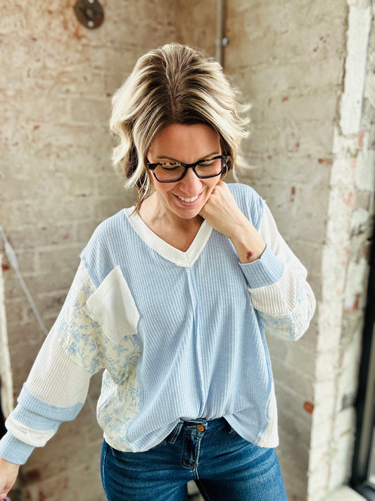 Waffle V-Neck Print Top