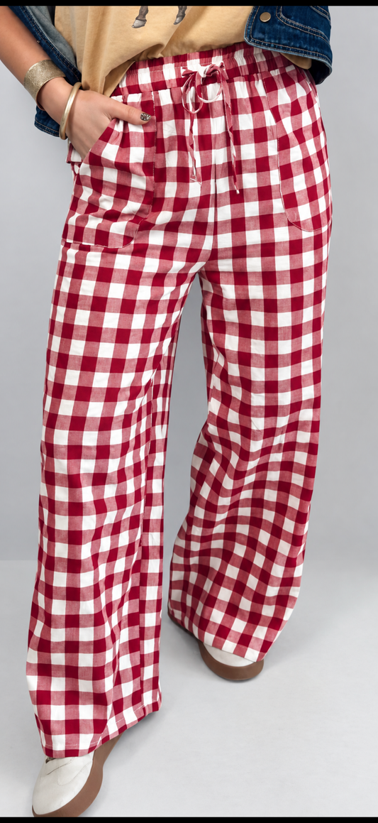 JOSEY GINGHAM HIGH WAIST WIDE LEG PANTS