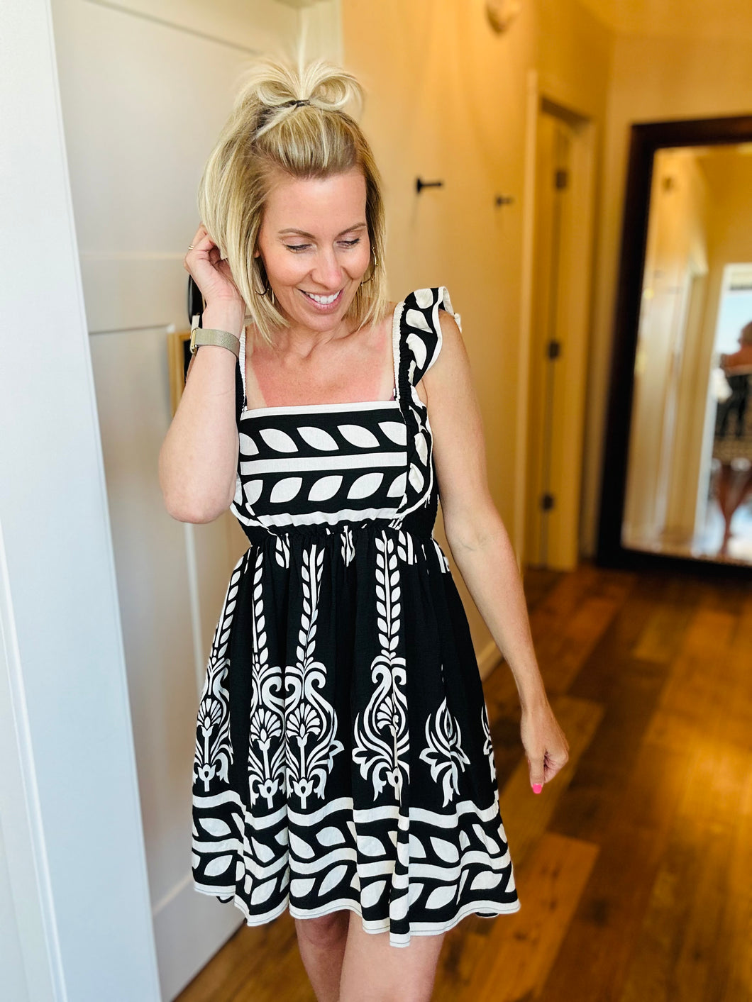 Black Pattern Flutter Dress