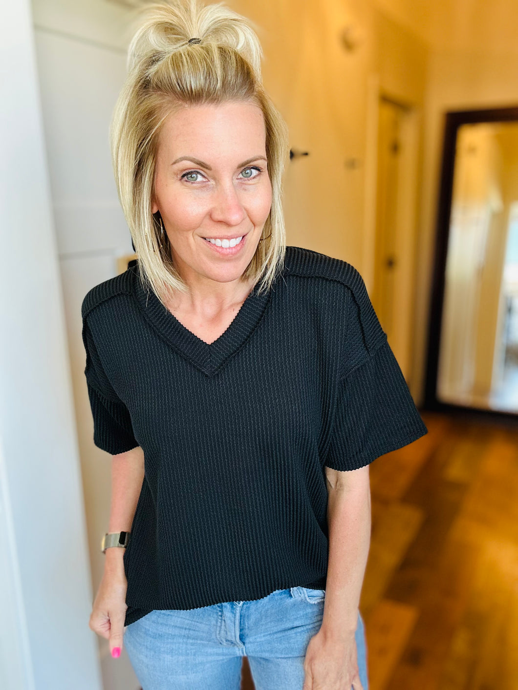 Raw Hem Ribbed V-Neck- 2 Colors