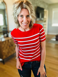 Red Stripe Short Sleeve Sweater Top
