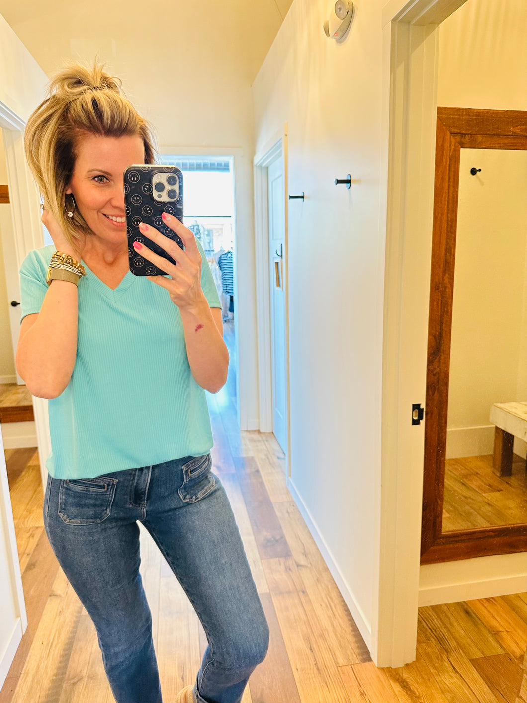 Teal Mini Ribbed V-Neck