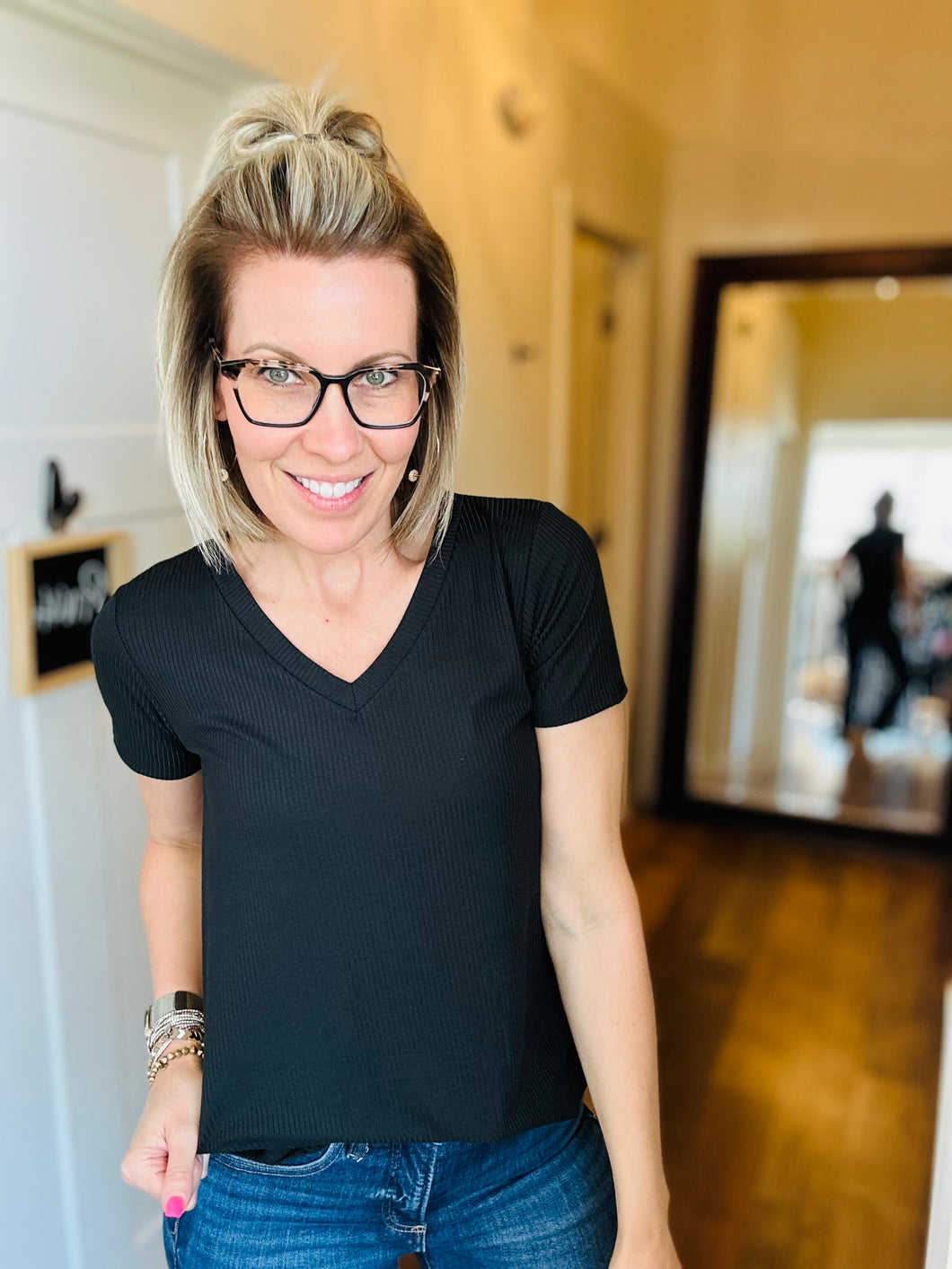 Black Mini Ribbed V-Neck