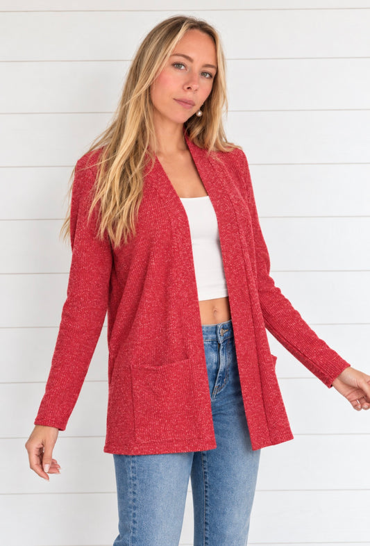 HEATHER RIBBED SWEATER OPEN FRONT-CARDIGAN