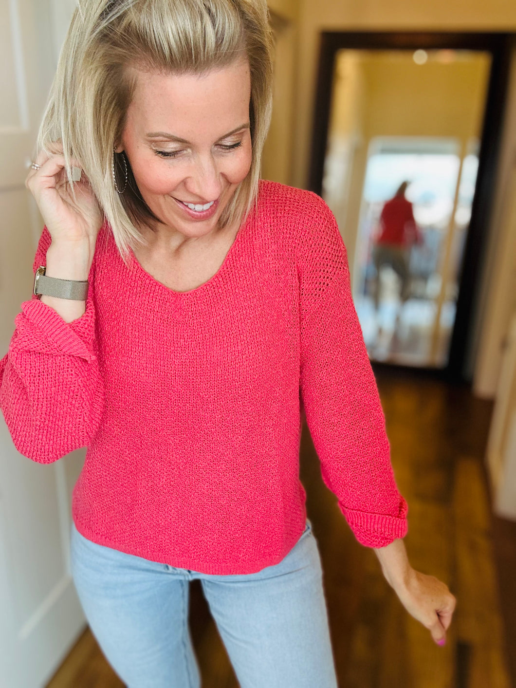 Coral One Size Open Weave Sweater