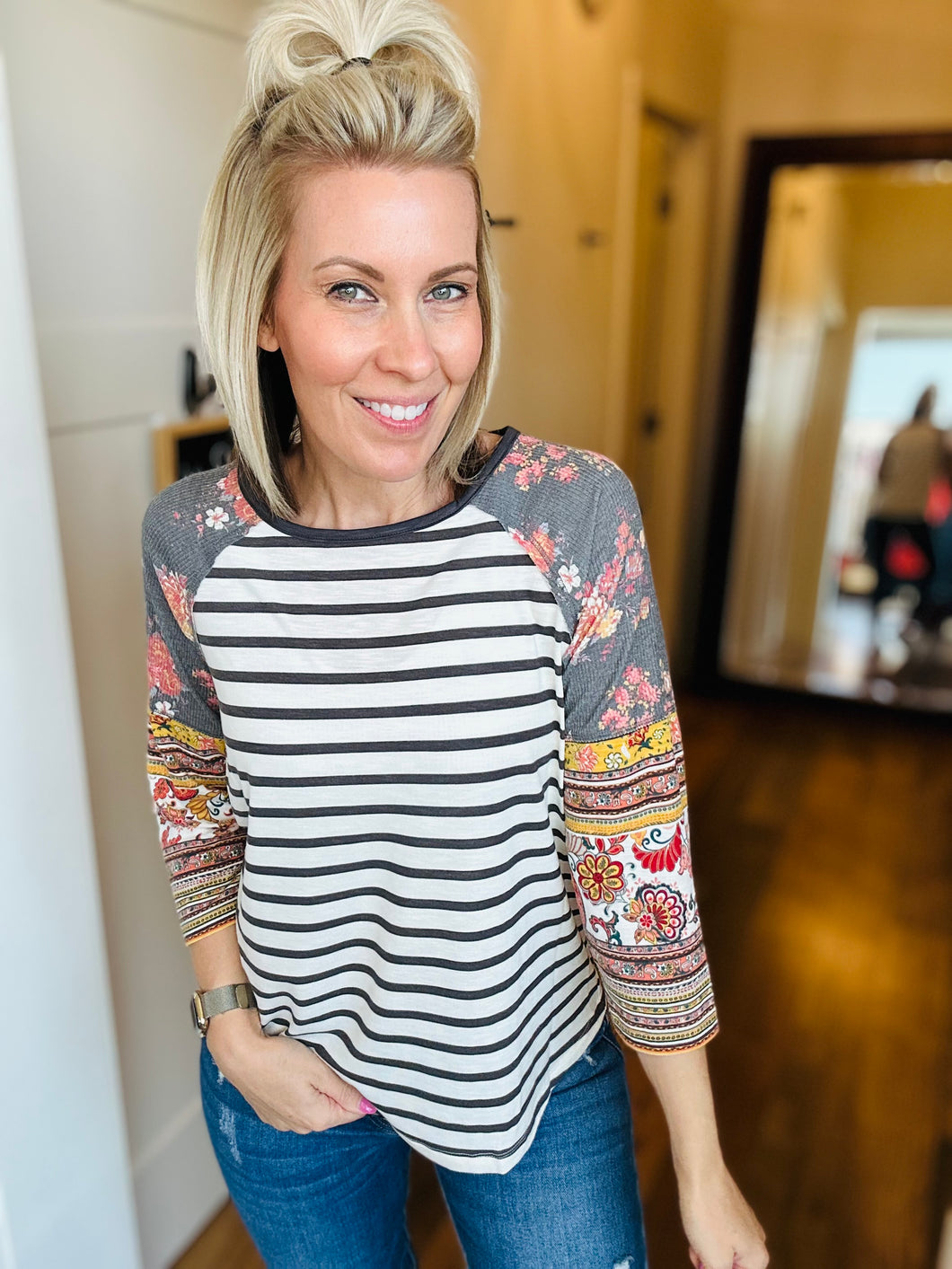 Multiples Baseball Sleeve Style Top