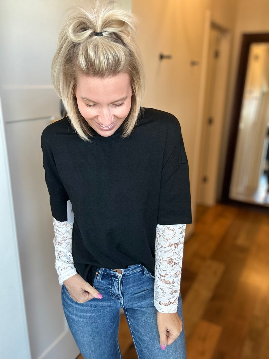 Lace Sleeve Black Tee